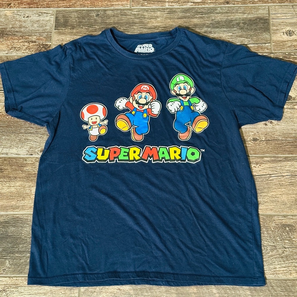 Super Mario T Shirt Men's Large L Blue - Luigi - Toad - Mario Bros.